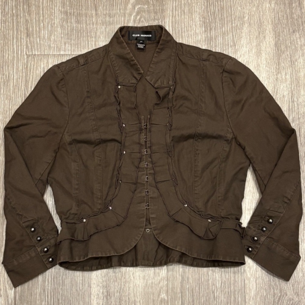 Club Monaco Olive Cotton Linen Ruffle Hook Eye Cropped Peplum Military Jacket S